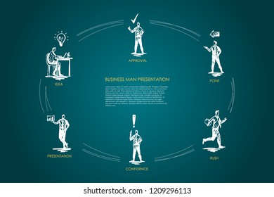 Business man presentation - idea, presentation, confidence, rush, point, approval vector concept set. Hand drawn sketch isolated illustration