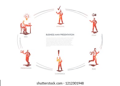 Business man presentation - idea, presentation, confidence, rush, point, approval vector concept set. Hand drawn sketch isolated illustration