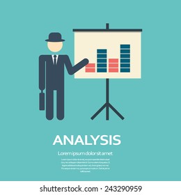 Business man presentation on flipchart with graphs in modern flat design. Simple style cartoon for presentations. Eps10 vector illustration.