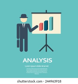 Business man presentation on flipchart with graphs in modern flat design. Simple style cartoon for presentations. Eps10 vector illustration.