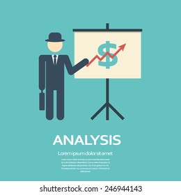 Business man presentation on flipchart with dollar sign and growing graph in modern flat design. Simple style cartoon for presentations. Eps10 vector illustration.