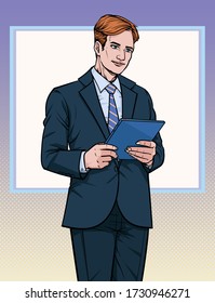 Presentación de hombre de negocios. Habla de reuniones. Escucha con atención. Vector de ilustración. Sobre el estilo de los cómics de arte pop. Fondo de las juntas.
