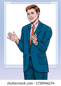 Business man Presentation. Talk about meetings. Listen carefully. Illustration vector. On pop art comics style. Boards background.
