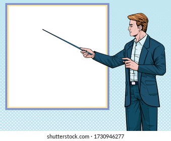 Business man Presentation. Talk about meetings. Listen carefully. Illustration vector. On pop art comics style. Boards background.