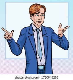 Presentación de hombre de negocios. Habla de reuniones. Escucha con atención. Vector de ilustración. Sobre el estilo de los cómics de arte pop. Fondo de las juntas.
