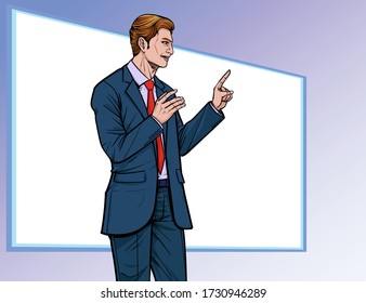 Business man Presentation. Talk about meetings. Listen carefully. Illustration vector. On pop art comics style. Boards background.