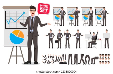 Business man presentation vector character set. Cartoon character creation of male business person talking for presentation with different poses. Vector illustration.
