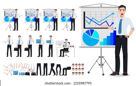 Business man for business presentation vector character creation set with male sales person showing chart board in different pose and gestures isolated in white. Vector illustration.
