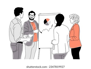 Business man presenting analytic data on white board, discussing, meeting, brainstorming. Team work concept. Modern vector outline illustration Isolated on white background