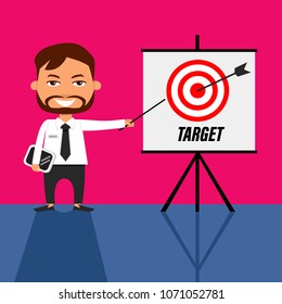 Business man presenting arrow target cartoon vector illustration, business concept 