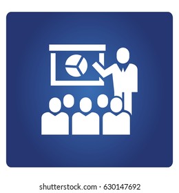 business man presenting with chart icon in blue background