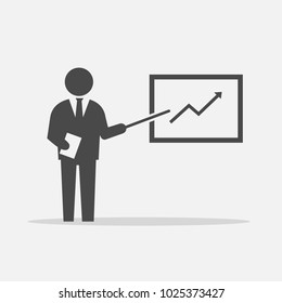 business man presenting data and business growth in a meeting vector icon with shadow