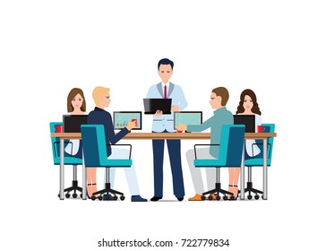 Business man presenting with laptop computer and business people sitting on presentation at office, business presentation conceptual vector illustration.