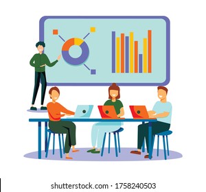 Business man presenting new project to her partners and colleagues. he is showing graphs and pie charts. Coach giving presentation to clients at conference meeting room. Modern vector illustration.