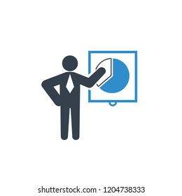 business man presenting with pie chart icon on white background