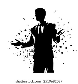 Business man presenting, standing and gesturing with hands, ink drawing, isolated vector silhouette