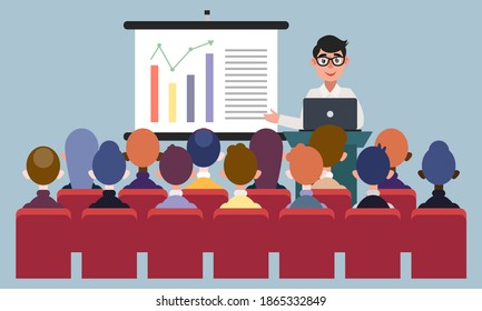 Business man presents a new project to his partners and colleagues. It shows graphs and pie charts. The trainer gives a presentation to the clients in the conference hall. Modern vector illustration.