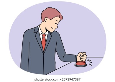 Business man presses red button to launch new corporate process or promising startup. President of state uses red button giving order to begin nuclear strike, for concept of atomic threat