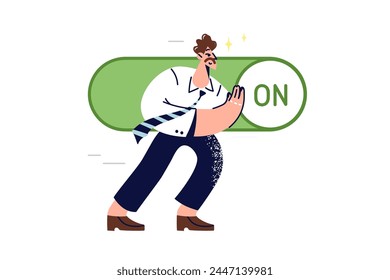 Business man presses switch to launch new advertising campaign to attract customers for corporation. Young marketer guy is working on product promotion using switch to control settings