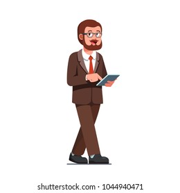 Business man or professor walking and taping his tablet computer touch screen. Bearded man in brown business suit and necktie wearing glasses. Flat style isolated vector illustration