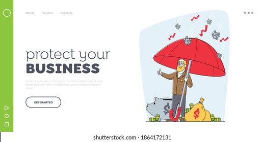 Business Man Protect Capital of Pandemic Landing Page Template. Senior Businessman Character Stand under Umbrella Protecting Money of Covid Cells. Financial Protection. Linear Vector Illustration