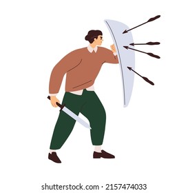 Business man protecting with shield from arrows attack. Person fighting with problems, handling risks. Protection, security concept. Flat graphic vector illustration isolated on white background