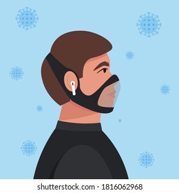 Business man in a protective mask. 
Scientists have developed a new mask. Coronavirus covid-19 concept. Vector illustration in flat style.