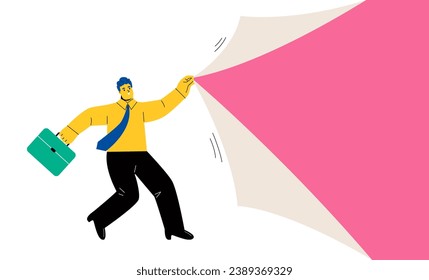 Hombre de negocios tira de una cuerda para abrir papel vacío. Ilustración vectorial plana aislada en fondo blanco 
