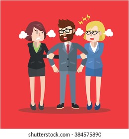 Business man pulled by two business woman