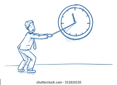 Business man pulling clock hand, concept for stress, too much work, lack of time, hand drawn doodle vector illustration