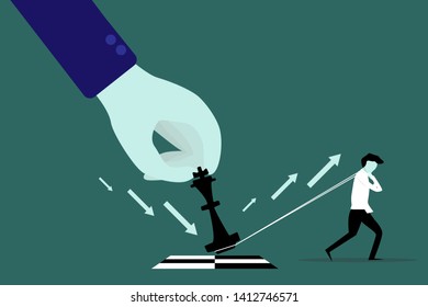 Business Man is pulling up a king chess to checkmate. Strategic thinking for successful.