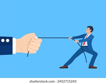 Business Man Pulling the rope from the giant business hand with difficulty. Business inevitably has obstacles. Tug of war. Inequality concept. Corporate conflicts.