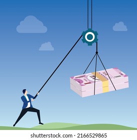 Business Man Pulling Rupee Bundle Through Rope