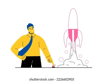 Business man push rocket button, start new business or launch start up. Flat vector illustration isolated on white background
