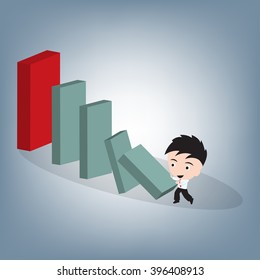 Business Man Push Small Brick To Destroy Big Block, Small Action To Big Impact Domino Concept, Illustration Vector