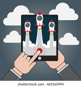 Business man push start button to launch the rocket to the sky  
