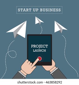 Business man push start button to launch the paper airplane  flat design concept for start up business