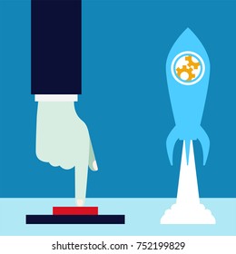 Business man push start button to launch the rocket to the sky flat design concept for start up business vector business illustration template