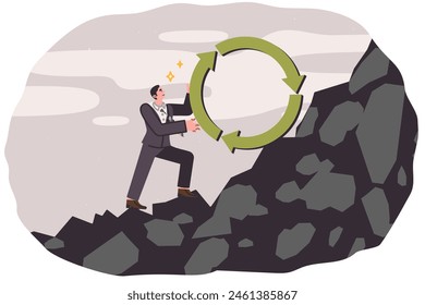 Business man pushes recycling symbol up hill, trying to create company to help fight environmental problems. Business guy with ambition to strive for development, making efforts to achieve success