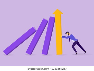 Business man pushing bar graph falling in economic collapse for business survival. Domino effect. Symbol of crisis, risk.  Business failure concept. Flat vector illustration