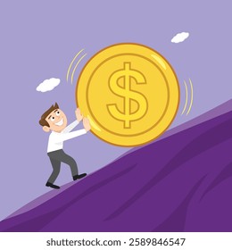 Business man pushing big golden money dollar coin. Flat, Vector, Illustration, Cartoon, EPS10.