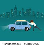 Business man pushing car, the car losing oil, at night on building background, vector illustration