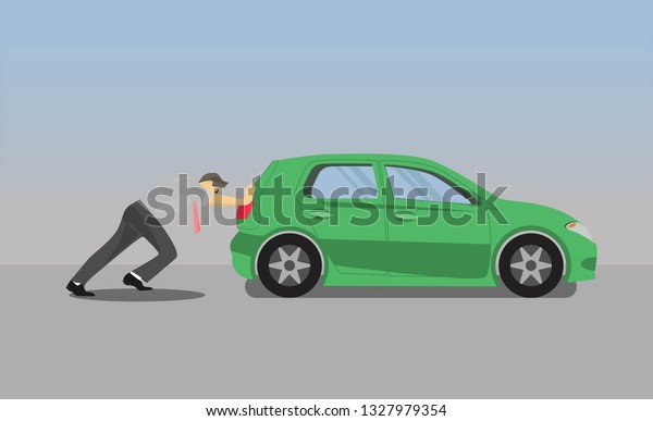 Business man pushing\
car.the car losing\
oil