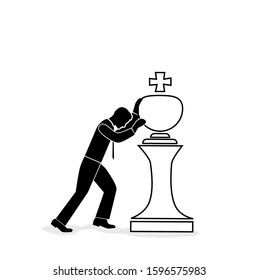 Business man pushing chess piece against. chess confrontation. business on a chessboard. vector illustration.