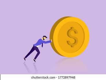 Business man pushing the coins. business goals. concept for planning, business strategy, making goals and goal achievement. Vector illustration