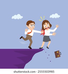 Business man Pushing female partner off cliff. Business dishonesty. Flat, Vector, Illustration, Cartoon, EPS10.   