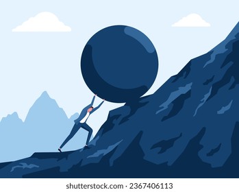 Business man pushing heavy rock up hill, Hard work, reach success, overcome adversity concept. Businessman working hard pushing boulder up hil Vector illustration