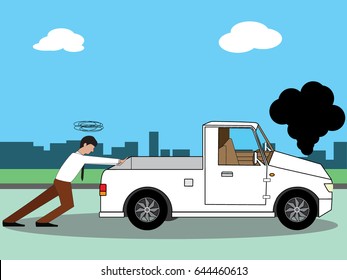  Business Man Pushing His Broken Pick-up Or A Car Out Of Gas, On Flat Vector Style.