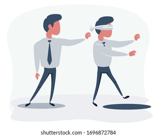 Business man pushing his competitor to the hole. Concept of competition, sabotage and danger of the corporate business world. Vector cartoon illustration.