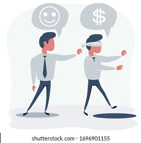 Business man pushing his competitor to the hole. Concept of competition, sabotage and danger of the corporate business world. Vector cartoon illustration.